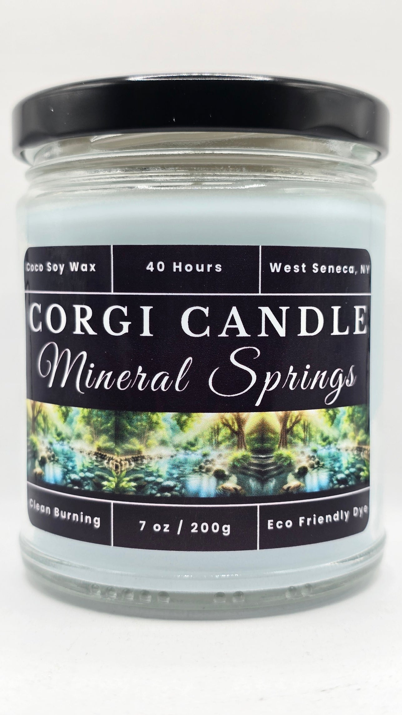 Mineral Springs 7 oz Soy Scented Candle by CORGI CANDLE in large glass jar with lid, fresh clean spa-inspired fragrance, eco-friendly hand-poured candle made in West Seneca NY