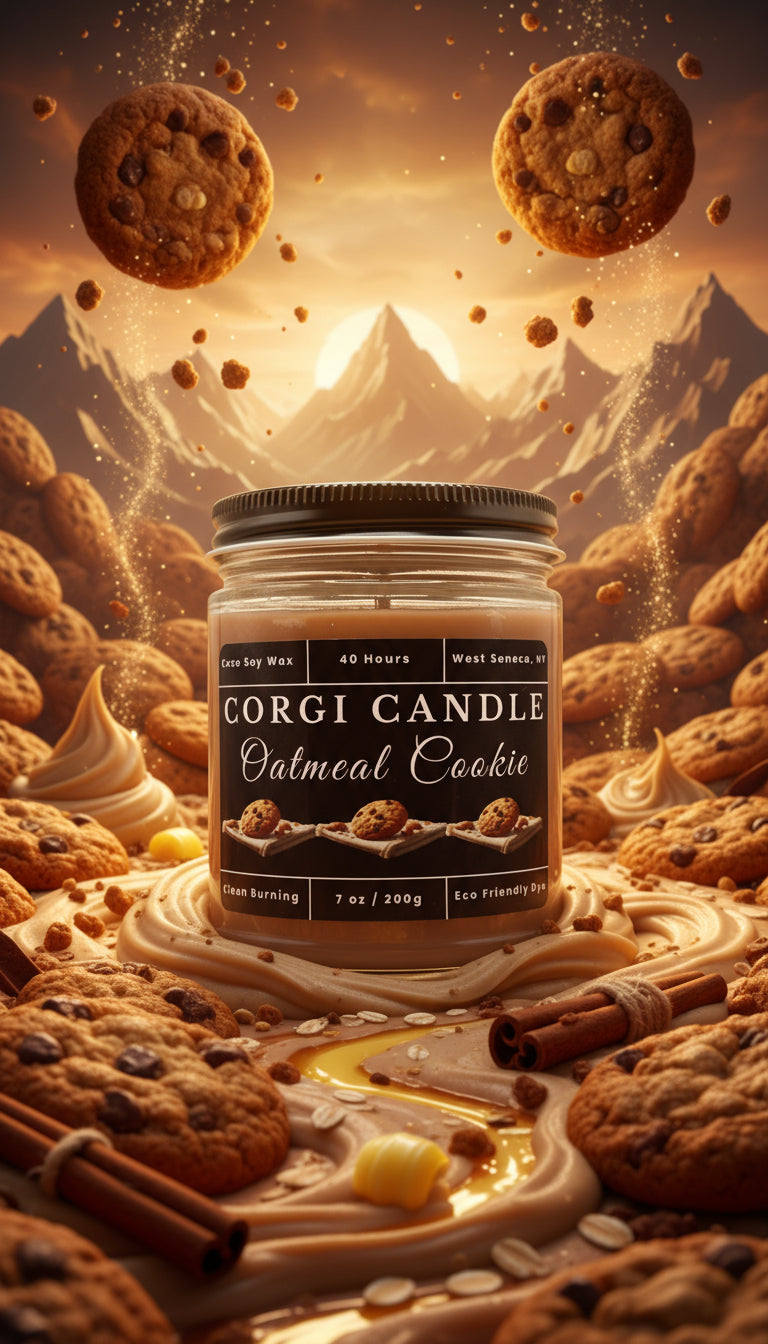 Corgi Candle Oatmeal Cookie jar surrounded by cookies and cinnamon sticks with a mountainous background
