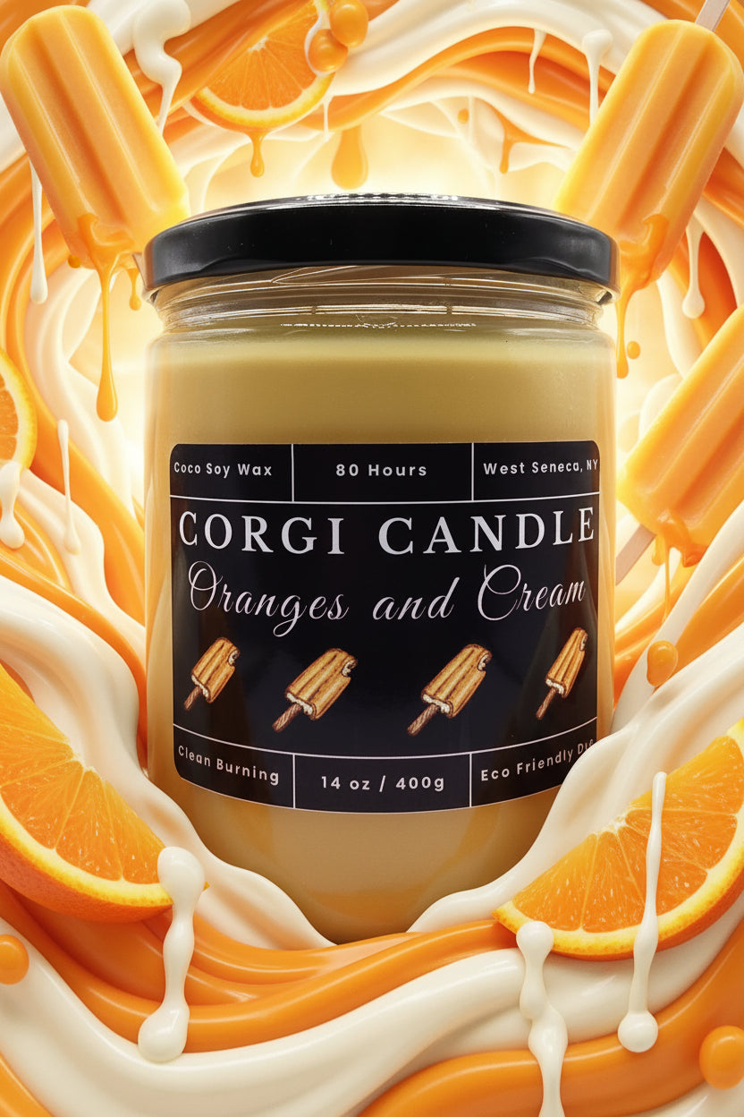 14 oz Corgi Candle Oranges and Cream scented candle in a large clear glass jar with a black lid, featuring a black label with orange creamsicle illustrations. Hand-poured with a natural soy and coconut wax blend for a clean, long-lasting burn.