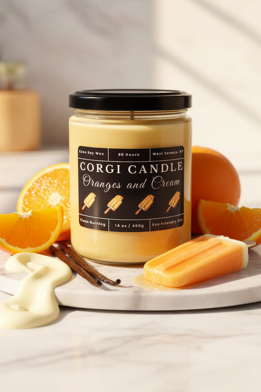 14 oz Corgi Candle Oranges and Cream scented candle in a large clear glass jar with a black lid, featuring a black label with orange creamsicle illustrations. Hand-poured with a natural soy and coconut wax blend for a clean, long-lasting burn.