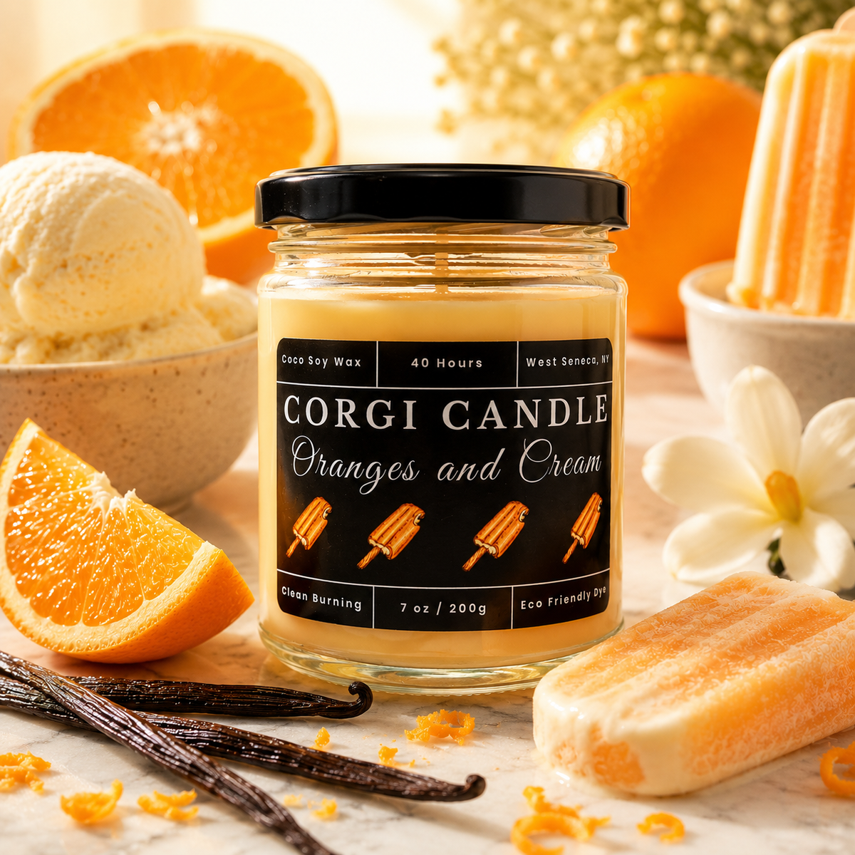 Corgi Candle Oranges and Cream 7 oz scented candle displayed on a white marble surface with fresh orange slices, creamy vanilla ice cream, vanilla bean pods, orange creamsicle popsicles, orange zest, and white vanilla blossoms. Hand-poured with a soy and coconut wax blend for a clean-burning, long-lasting fragrance.