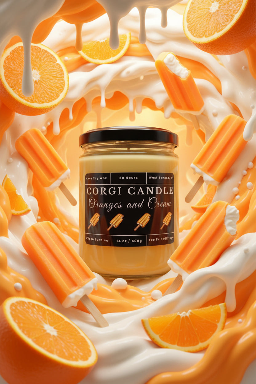 14 oz Corgi Candle Oranges and Cream scented candle in a large clear glass jar with a black lid, featuring a black label with orange creamsicle illustrations. Hand-poured with a natural soy and coconut wax blend for a clean, long-lasting burn.