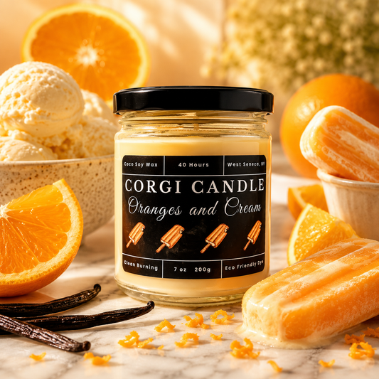 Corgi Candle Oranges and Cream 14 oz scented candle displayed on a white marble surface with fresh orange slices, vanilla bean pods, creamy vanilla ice cream, orange creamsicle popsicles, and orange zest. Hand-poured with a soy and coconut wax blend for a clean-burning, long-lasting fragrance.