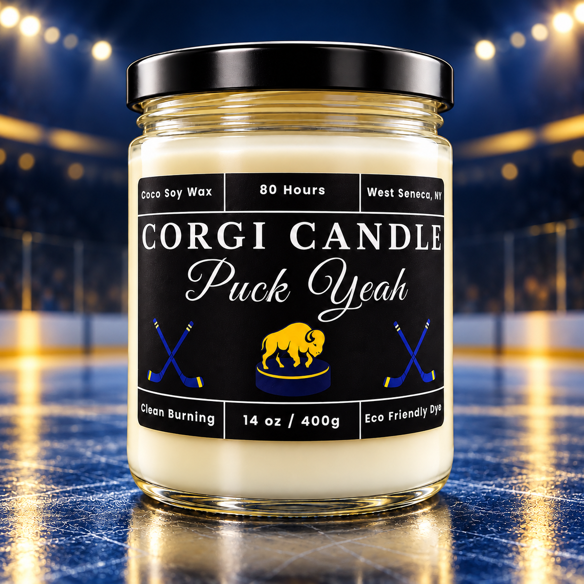 14 oz Puck Yeah soy candle by CORGI CANDLE on a blue and gold hockey rink background, inspired by Buffalo game-day energy.