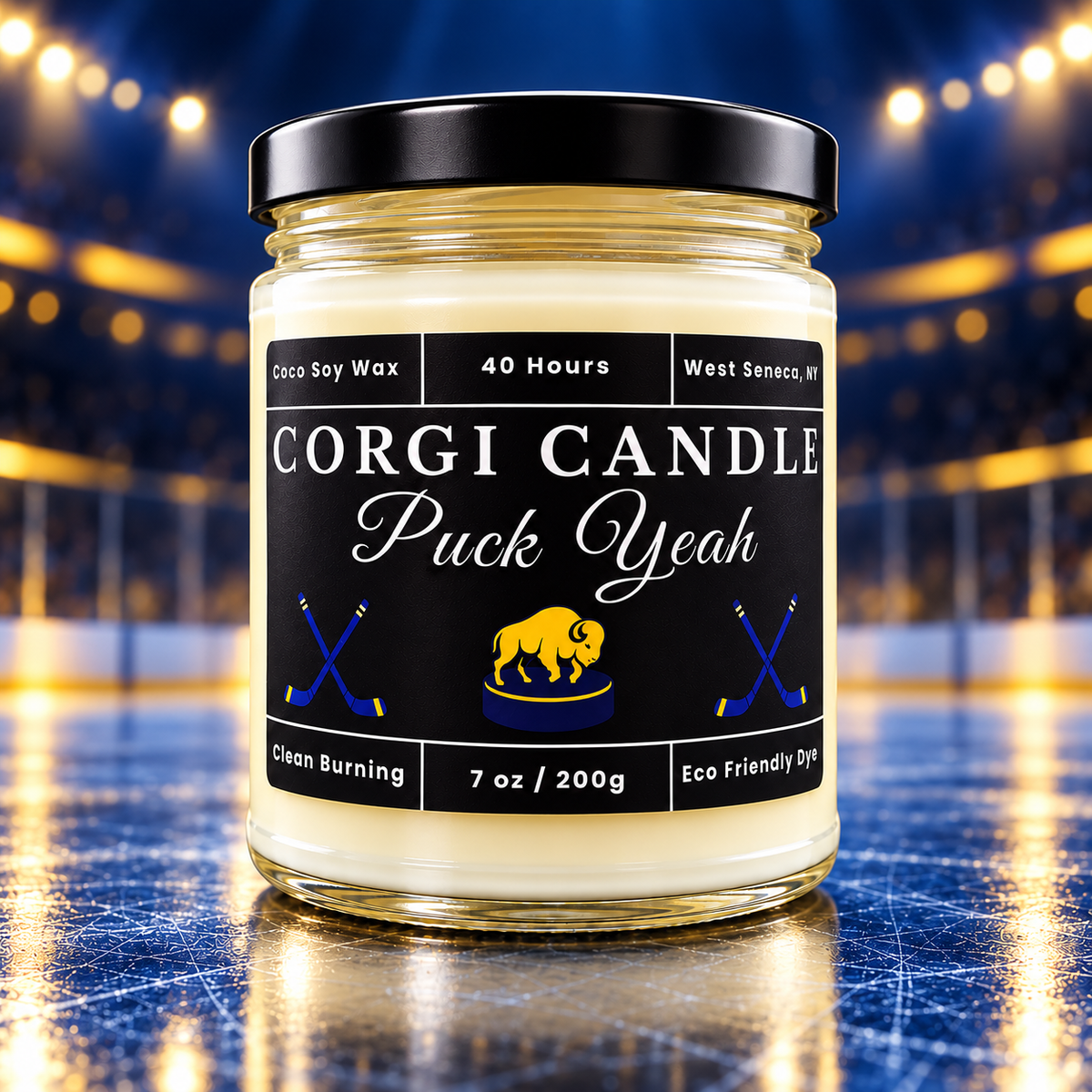 7 oz Puck Yeah soy candle by CORGI CANDLE on a blue and gold hockey rink background, inspired by Buffalo game-day energy.