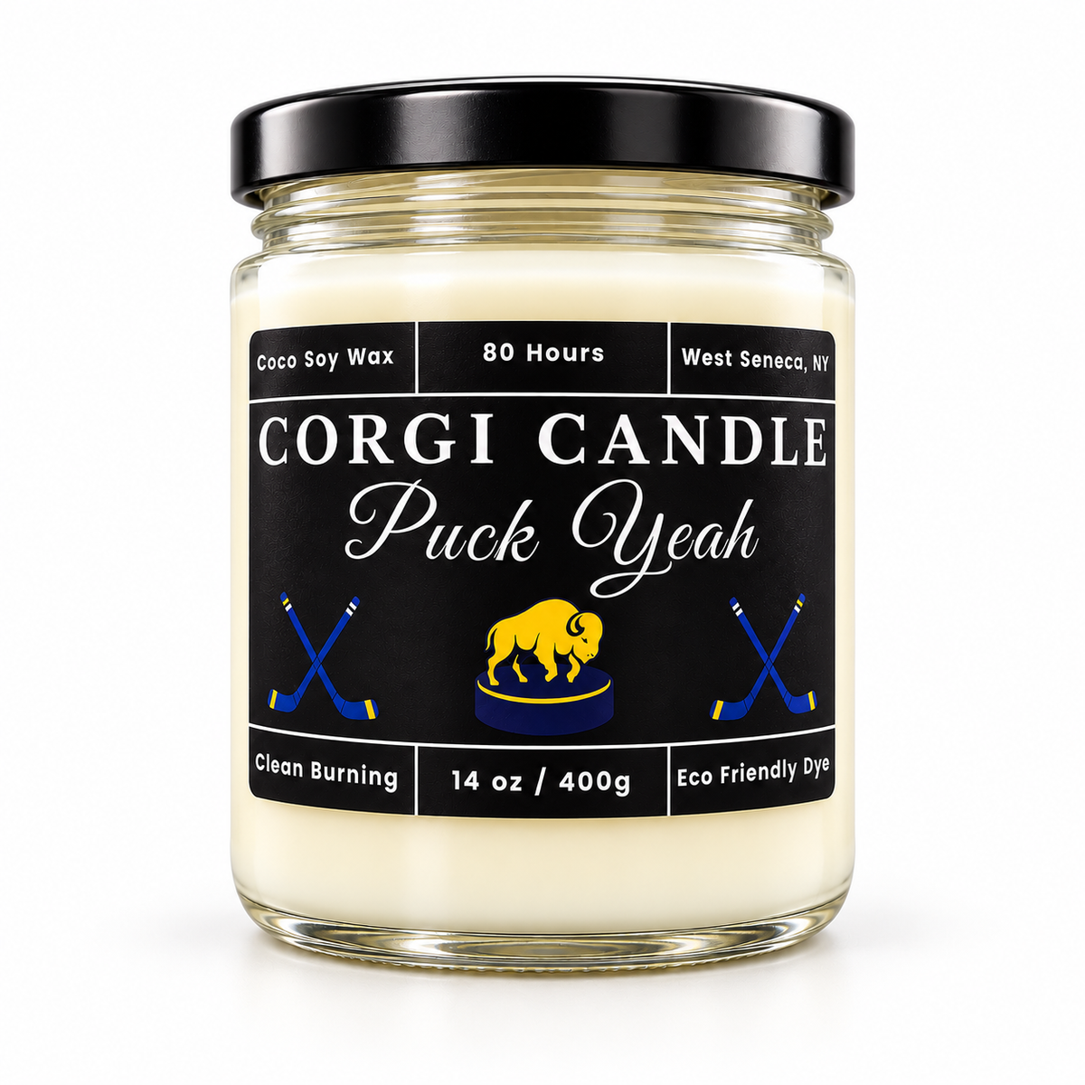 14 oz Puck Yeah soy scented candle by CORGI CANDLE on a clean white background for Buffalo hockey fans and game-day gifting.