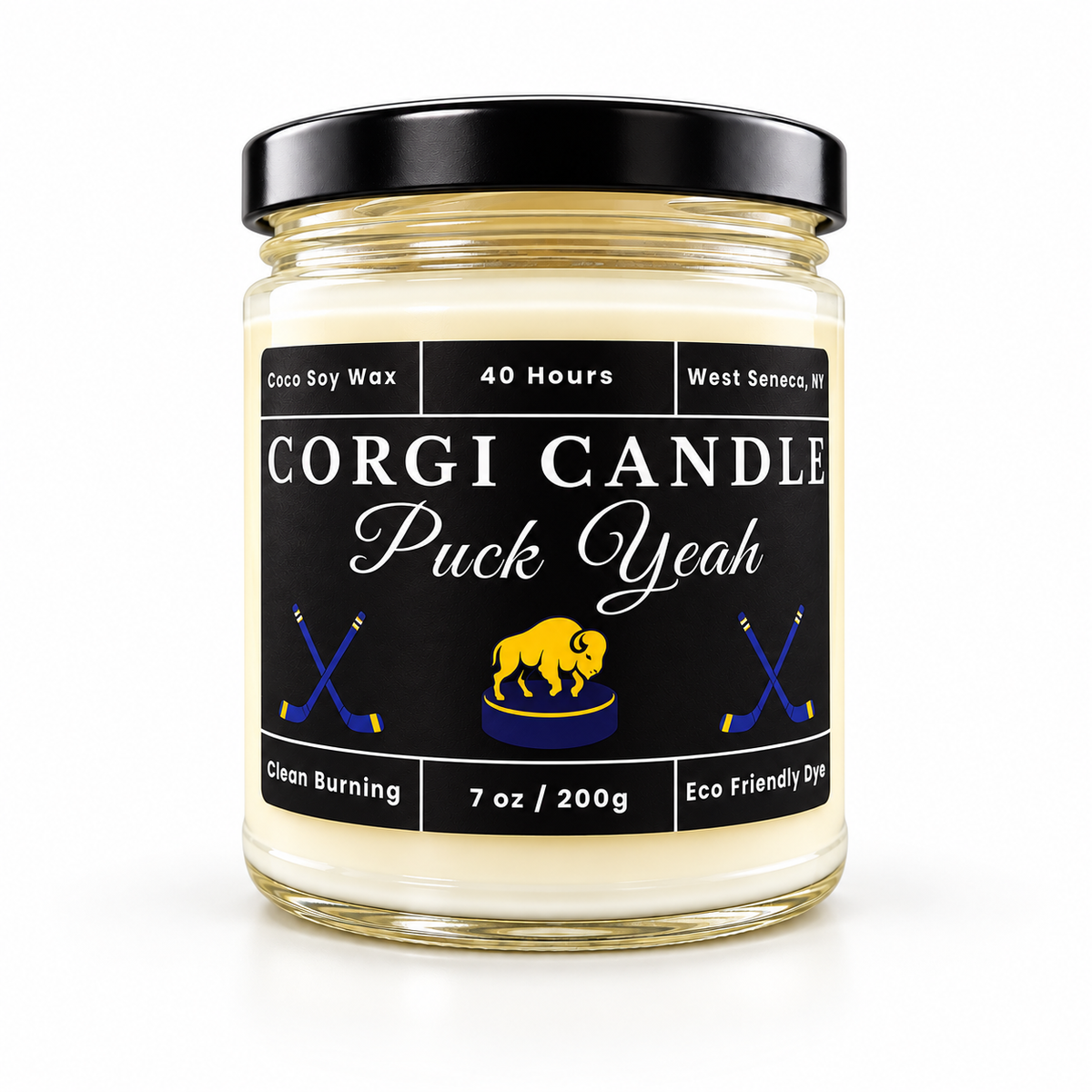 7 oz Puck Yeah soy scented candle by CORGI CANDLE on a clean white background, perfect for Buffalo hockey fans and game-day gifts.