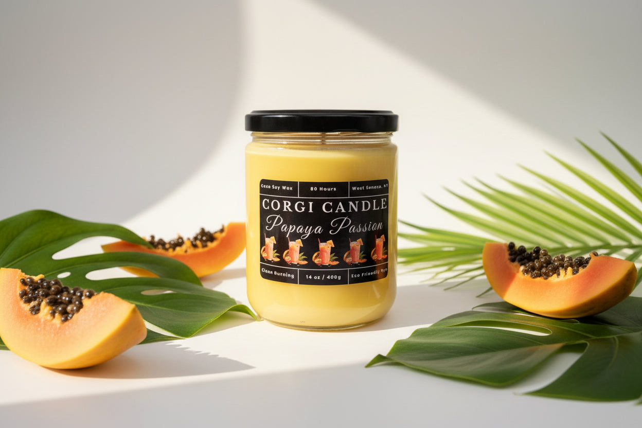 Papaya Passion 14 oz Soy Scented Candle by CORGI CANDLE in glass jar with lid, tropical fruit fragrance, eco-friendly hand-poured candle made in West Seneca NY