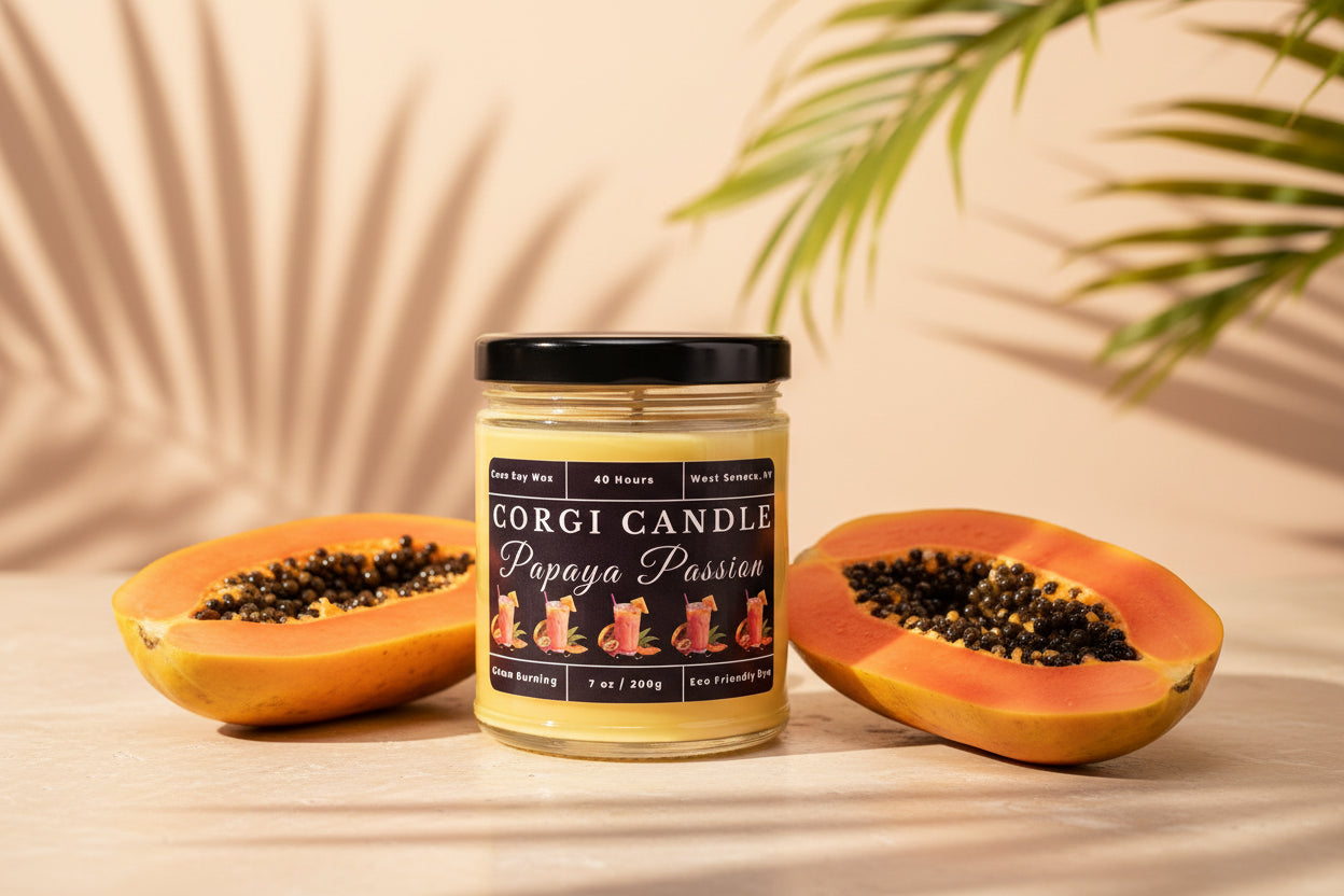 Papaya Passion 7 oz Soy Scented Candle by CORGI CANDLE in glass jar with lid, tropical fruit fragrance, eco-friendly hand-poured candle made in West Seneca NY