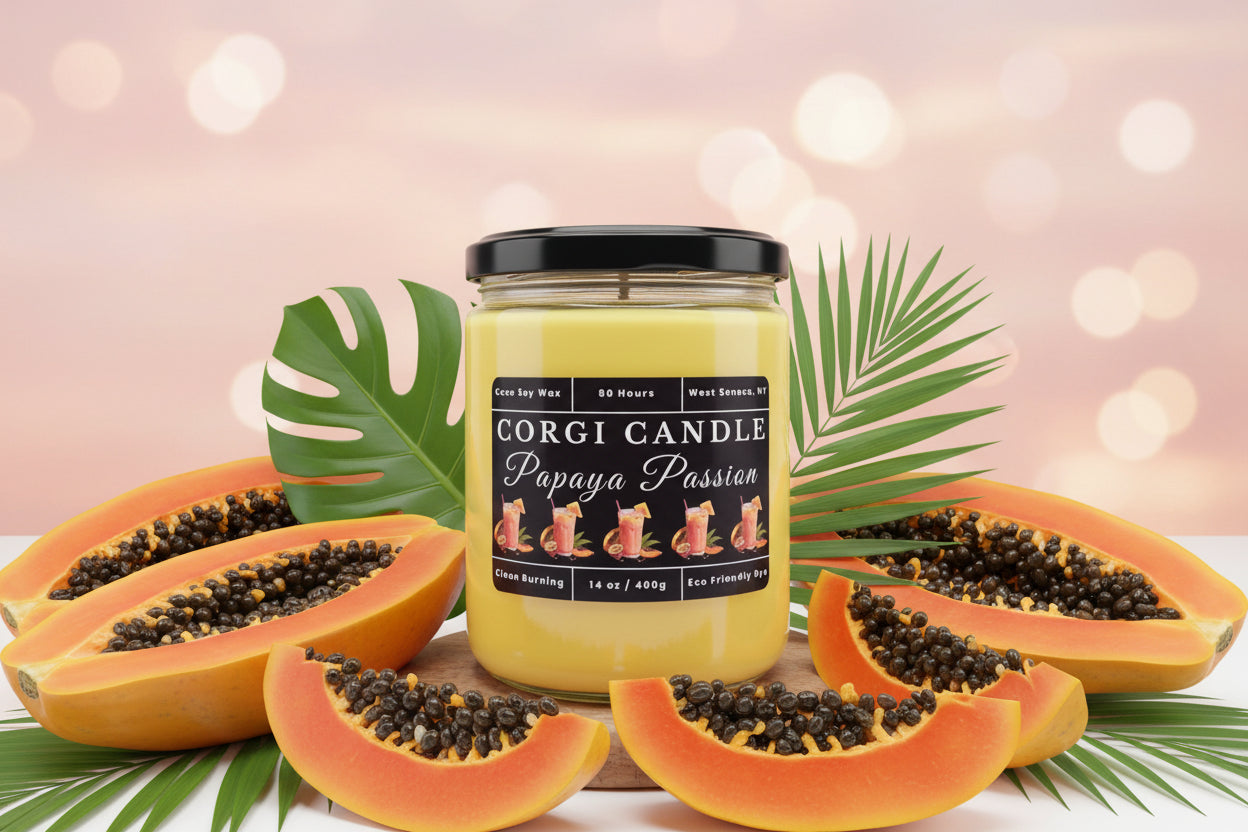Papaya Passion 14 oz Soy Scented Candle by CORGI CANDLE in glass jar with lid, tropical fruit fragrance, eco-friendly hand-poured candle made in West Seneca NY
