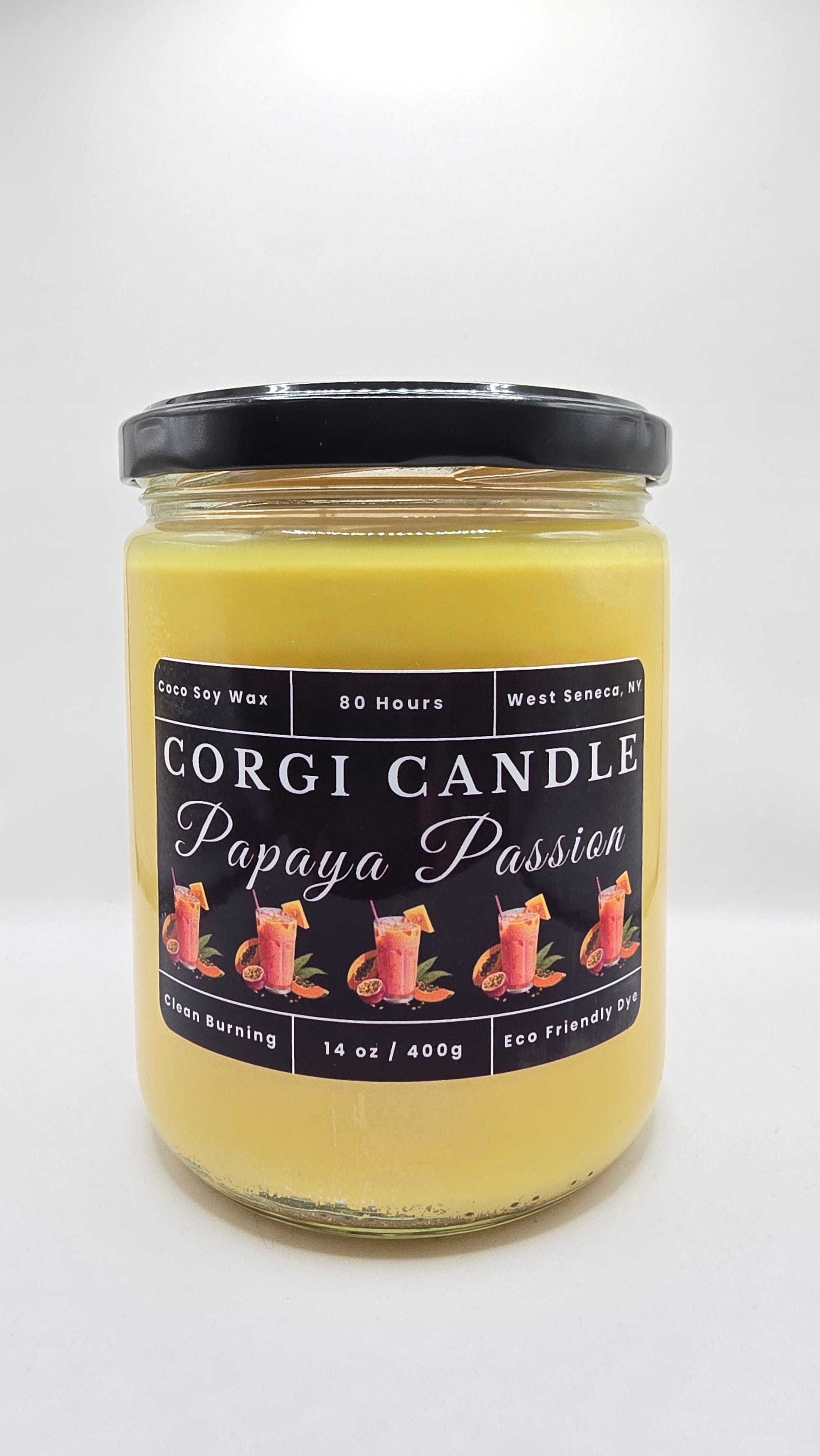 Papaya Passion 14 oz Soy Scented Candle by CORGI CANDLE in glass jar with lid, tropical fruit fragrance, eco-friendly hand-poured candle made in West Seneca NY