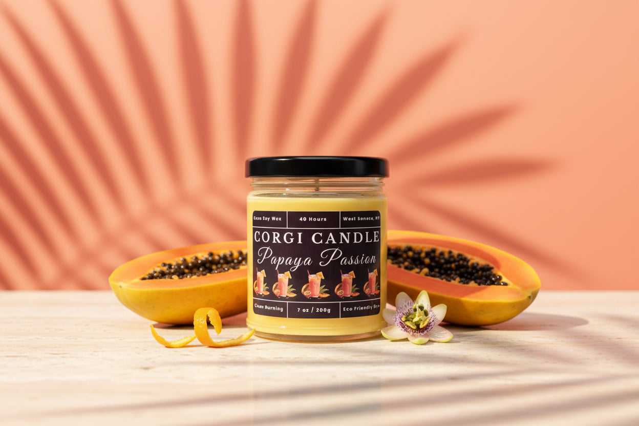 Papaya Passion 7 oz Soy Scented Candle by CORGI CANDLE in glass jar with lid, tropical fruit fragrance, eco-friendly hand-poured candle made in West Seneca NY