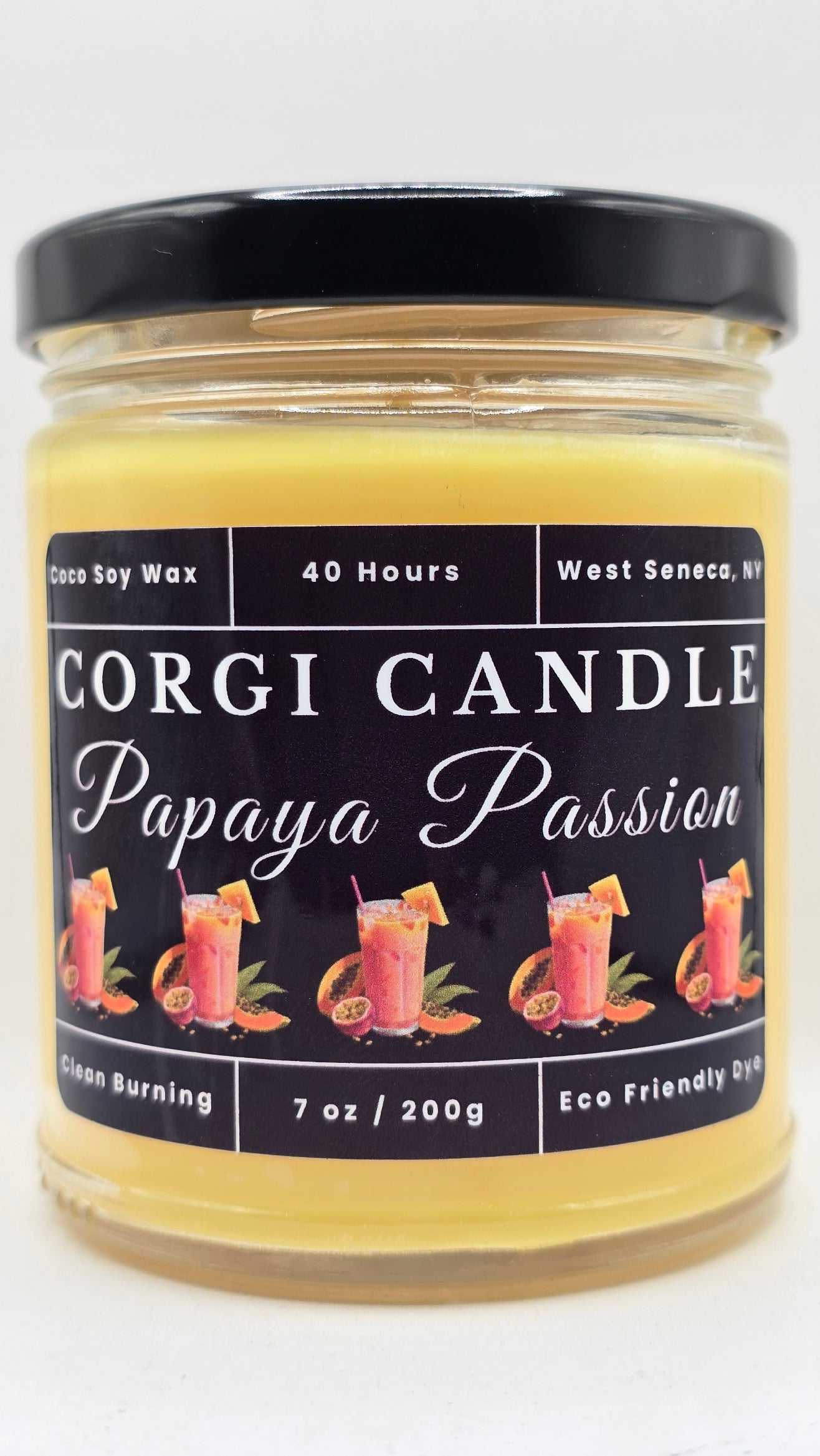 Papaya Passion 7 oz Soy Scented Candle by CORGI CANDLE in glass jar with lid, tropical fruit fragrance, eco-friendly hand-poured candle made in West Seneca NY