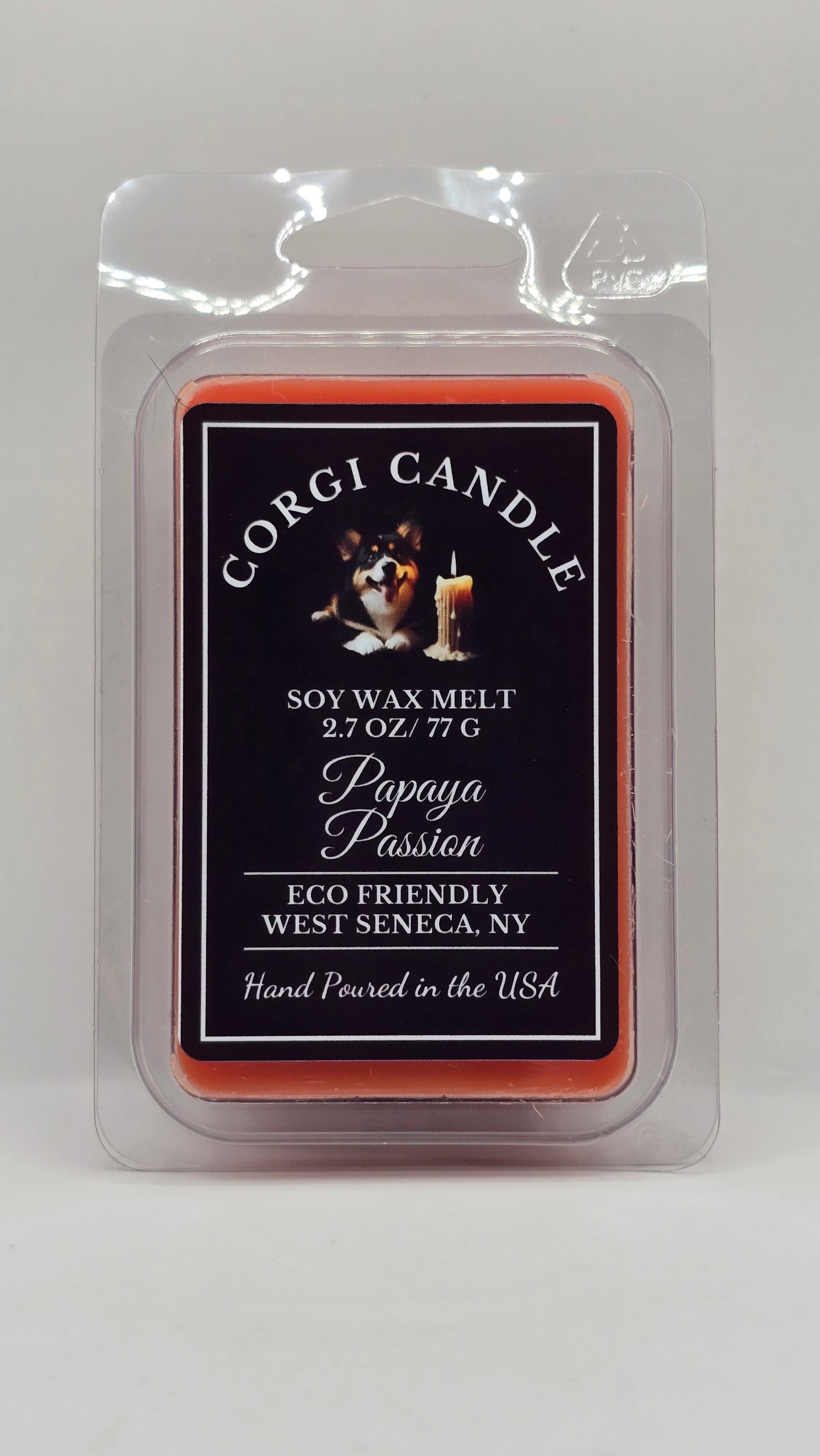 Papaya Passion soy wax melt by CORGI CANDLE in clear clamshell packaging with orange wax and black label, 2.7 oz tropical scented wax melt hand poured in West Seneca NY.