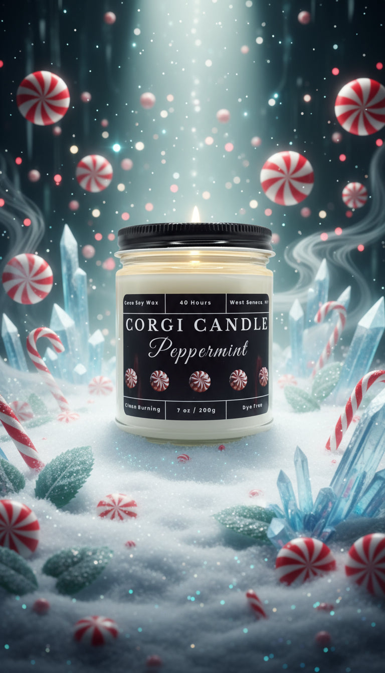 Peppermint scented candle in Jar by CORGI CANDLE