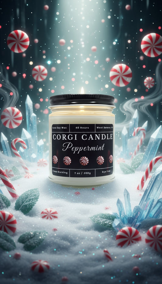 Peppermint scented candle in Jar by CORGI CANDLE