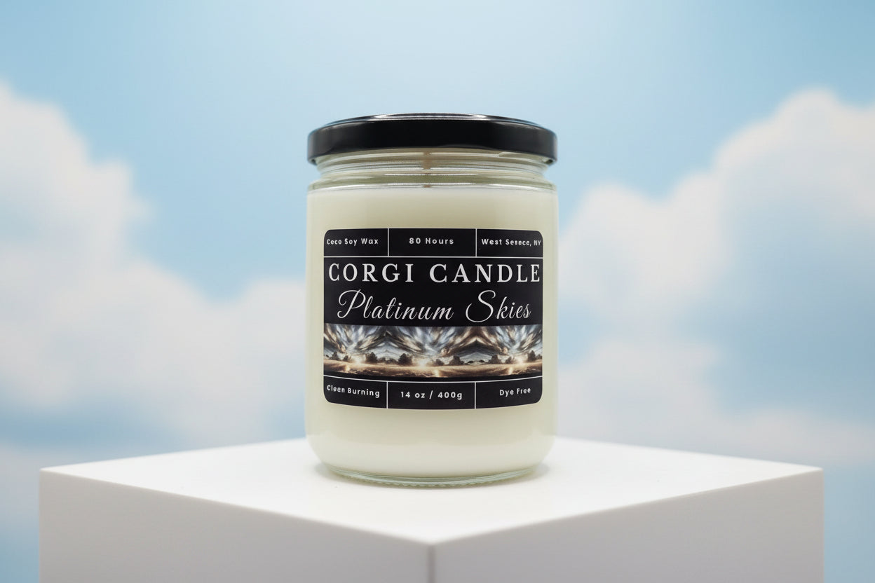 Platinum Skies 14 oz Soy Scented Candle by CORGI CANDLE in large clear glass jar with lid, fresh airy fragrance, eco friendly hand poured candle made in West Seneca New York