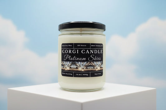 Platinum Skies 14 oz Soy Scented Candle by CORGI CANDLE in large clear glass jar with lid, fresh airy fragrance, eco friendly hand poured candle made in West Seneca New York