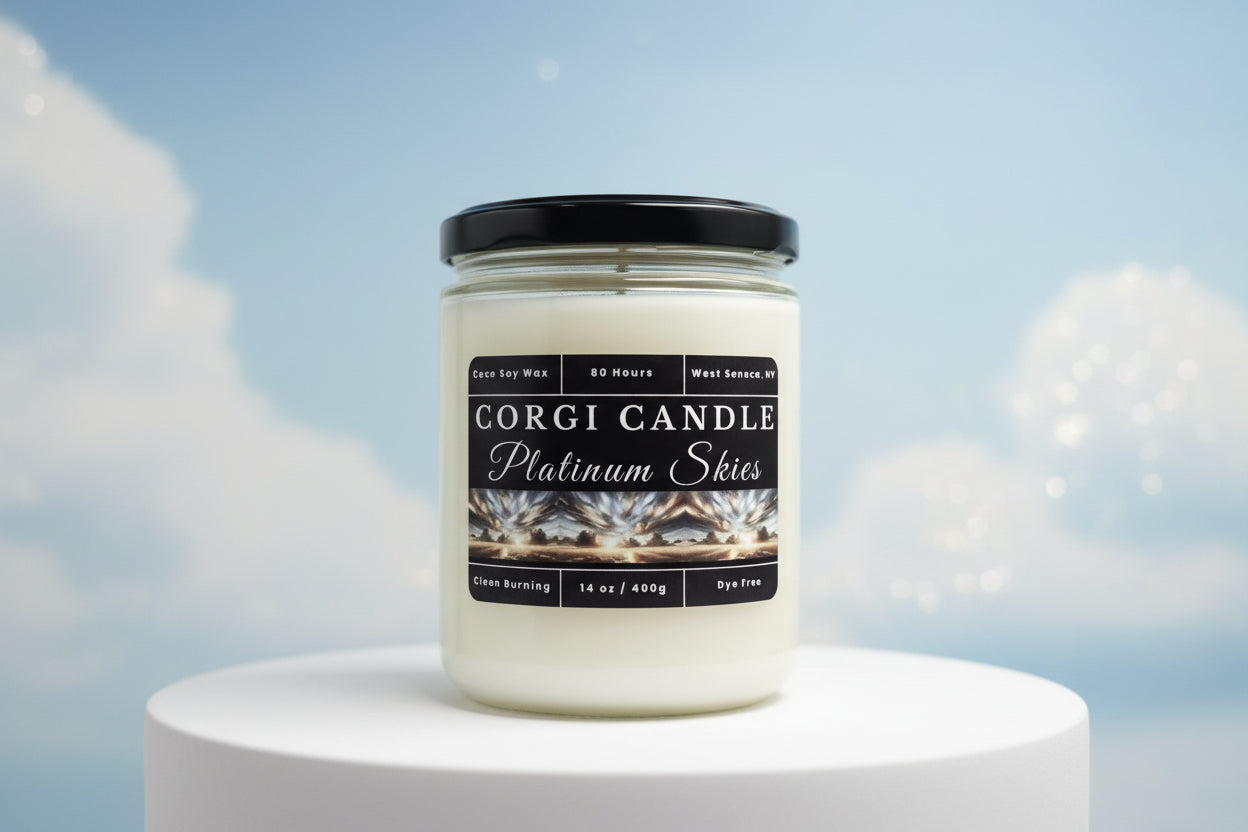 Platinum Skies 14 oz Soy Scented Candle by CORGI CANDLE in large clear glass jar with lid, fresh airy fragrance, eco friendly hand poured candle made in West Seneca New York