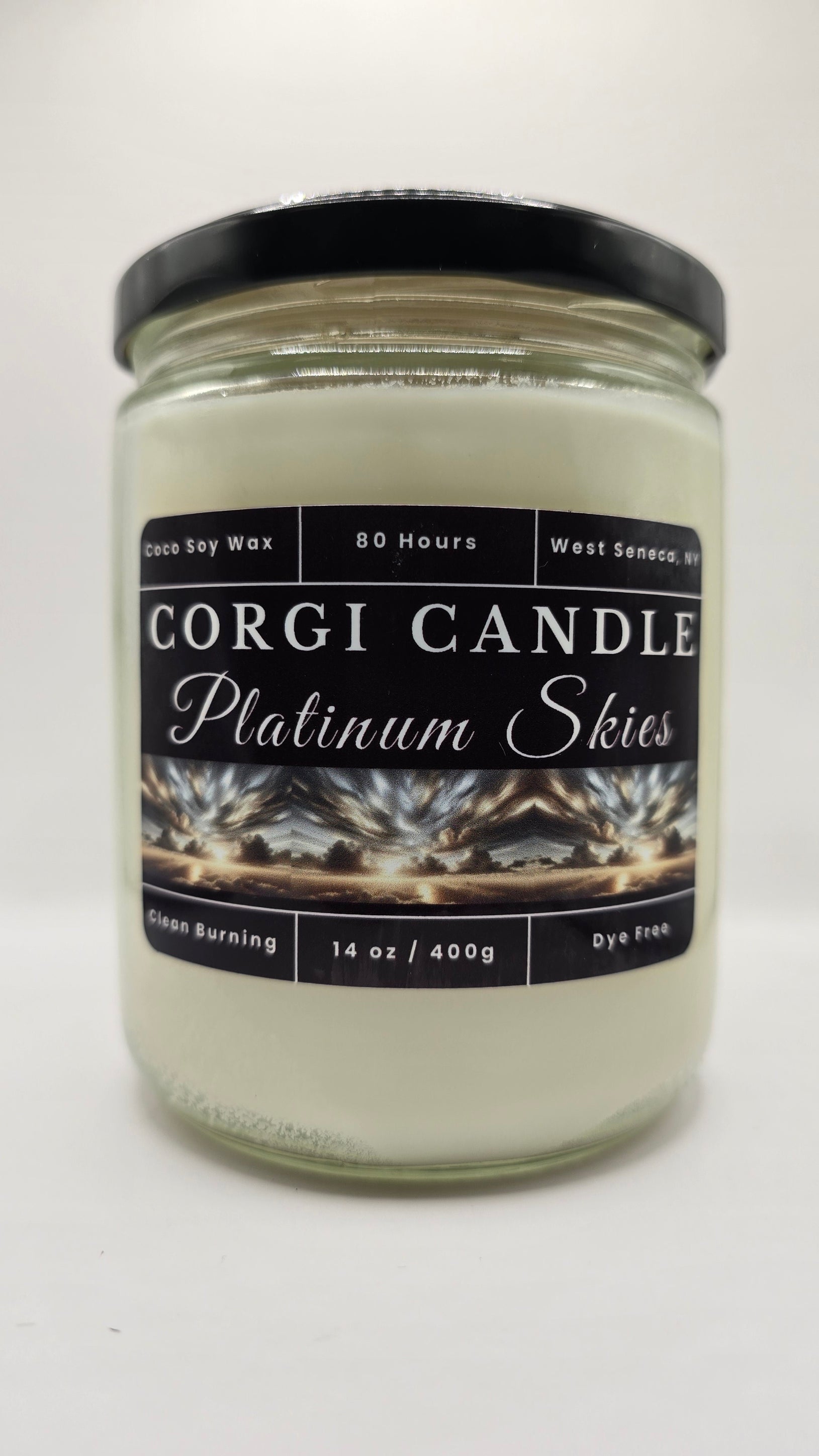Platinum Skies 14 oz Soy Scented Candle by CORGI CANDLE in large clear glass jar with lid, fresh airy fragrance, eco friendly hand poured candle made in West Seneca New York
