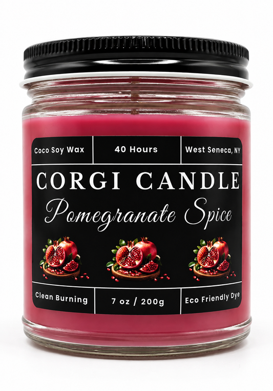 7 oz Pomegranate Spice soy scented candle by CORGI CANDLE, rich pomegranate fragrance handcrafted in West Seneca, NY on a clean white background.