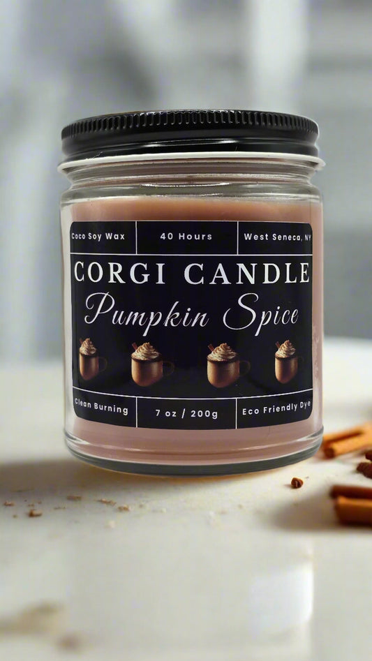Pumpkin Spice 7 oz soy scented candle by CORGI CANDLE, eco-friendly hand-poured candle made with a soy and coconut wax blend for a clean, long-lasting burn.