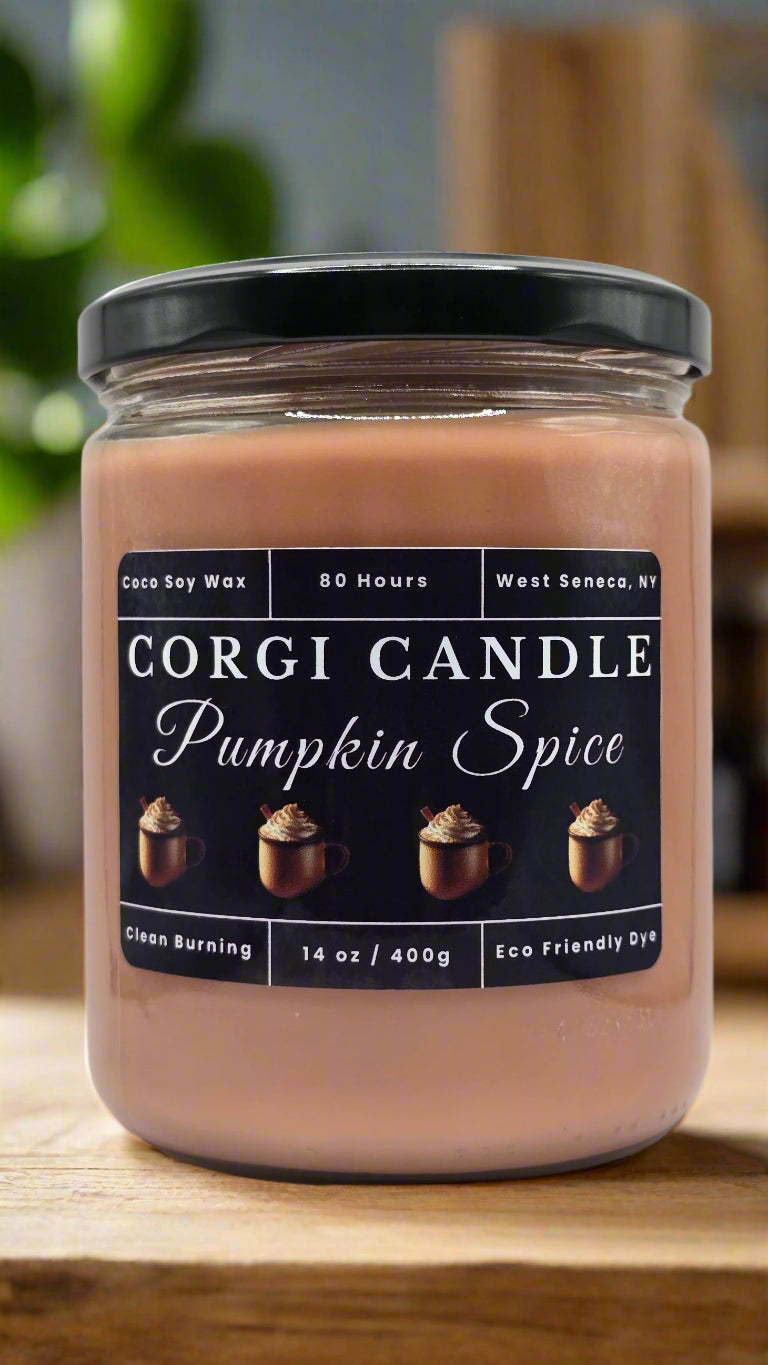 Pumpkin Spice 14 oz soy scented candle by CORGI CANDLE, eco-friendly hand-poured candle made with a soy and coconut wax blend for a clean, long-lasting burn.
