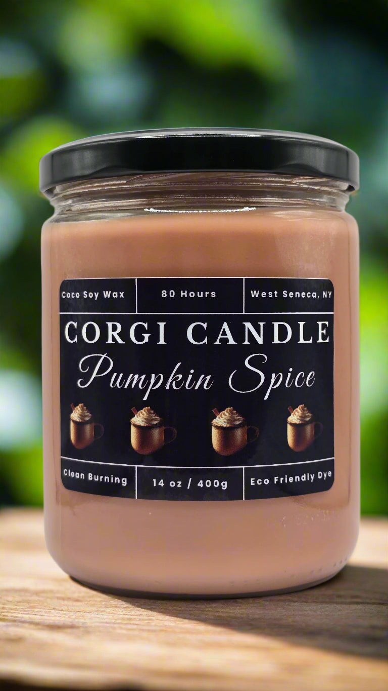 Pumpkin Spice 14 oz soy scented candle by CORGI CANDLE, eco-friendly hand-poured candle made with a soy and coconut wax blend for a clean, long-lasting burn.