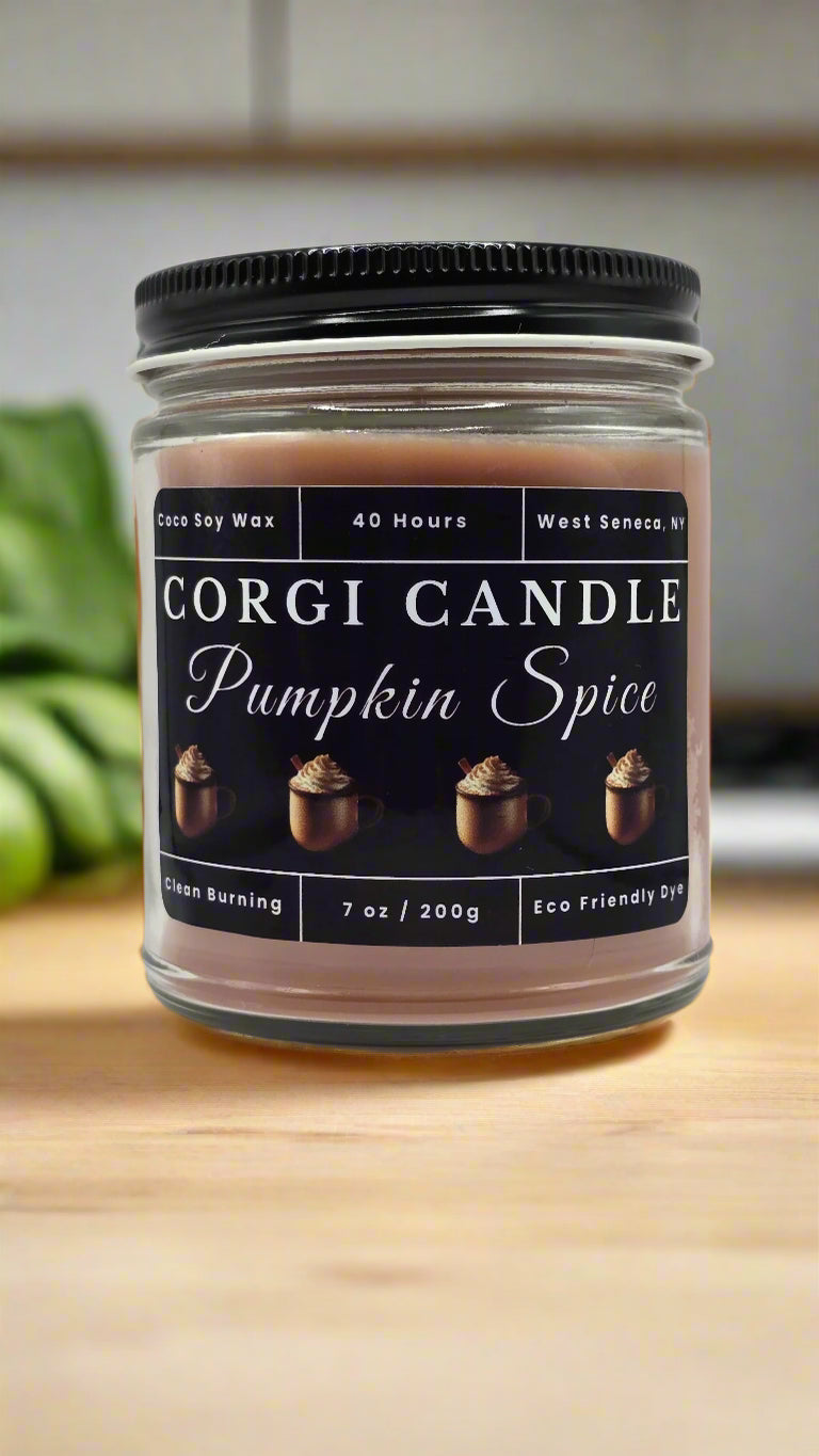 Pumpkin Spice 7 oz soy scented candle by CORGI CANDLE, eco-friendly hand-poured candle made with a soy and coconut wax blend for a clean, long-lasting burn.