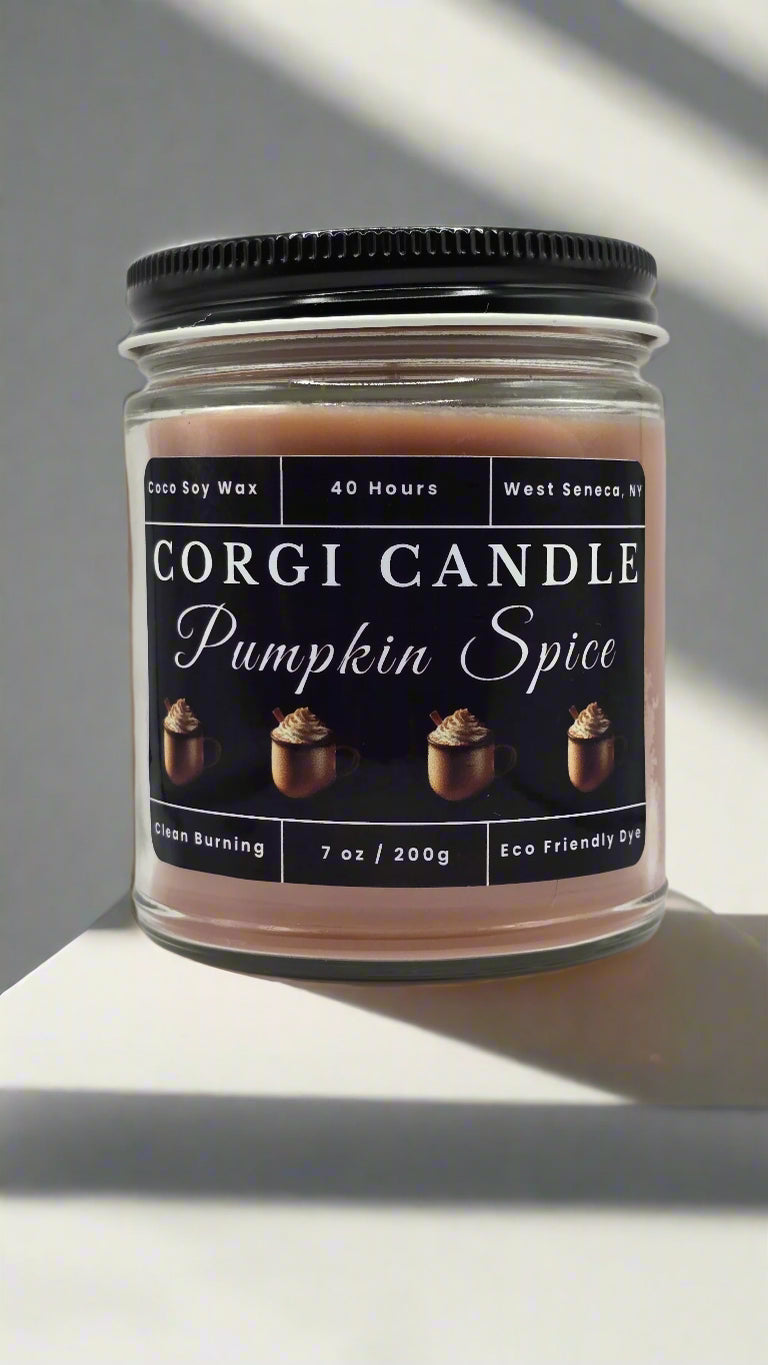 Pumpkin Spice 7 oz soy scented candle by CORGI CANDLE, eco-friendly hand-poured candle made with a soy and coconut wax blend for a clean, long-lasting burn.