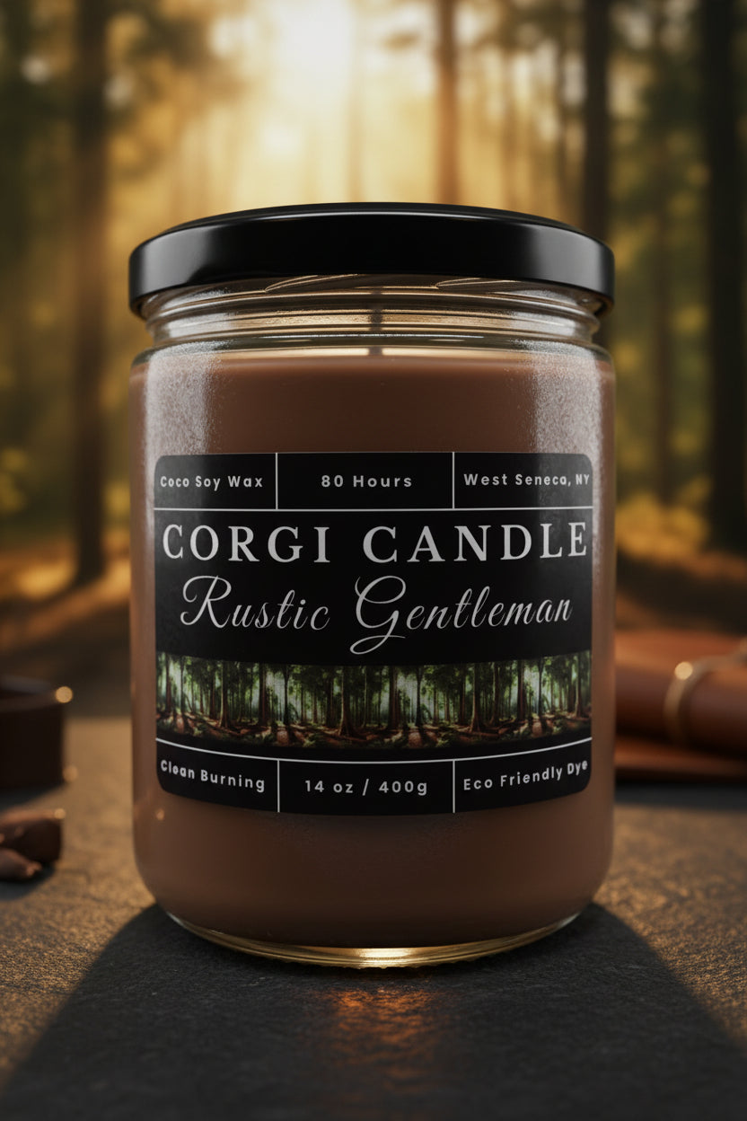 Rustic Gentleman 14 oz soy scented candle by CORGI CANDLE in clear glass jar, masculine woodsy fragrance candle, eco-friendly candle hand poured in West Seneca New York