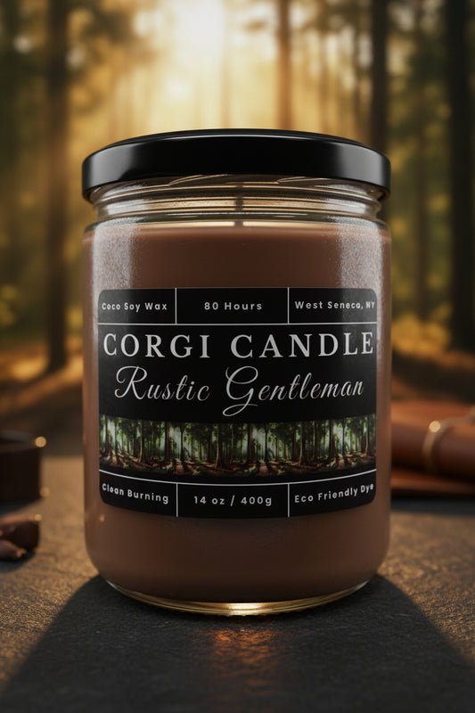 Rustic Gentleman 14 oz soy scented candle by CORGI CANDLE in clear glass jar, masculine woodsy fragrance candle, eco-friendly candle hand poured in West Seneca New York