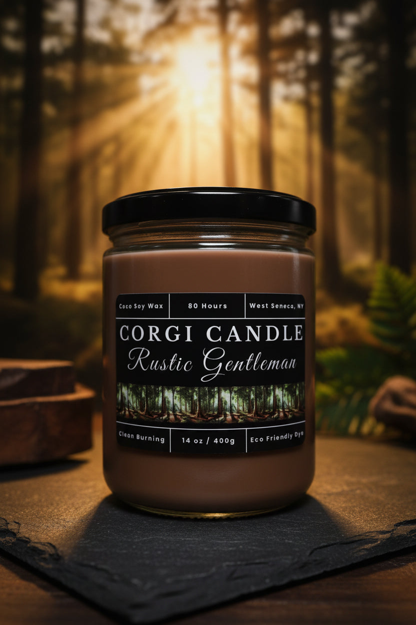 Rustic Gentleman 14 oz soy scented candle by CORGI CANDLE in clear glass jar, masculine woodsy fragrance candle, eco-friendly candle hand poured in West Seneca New York