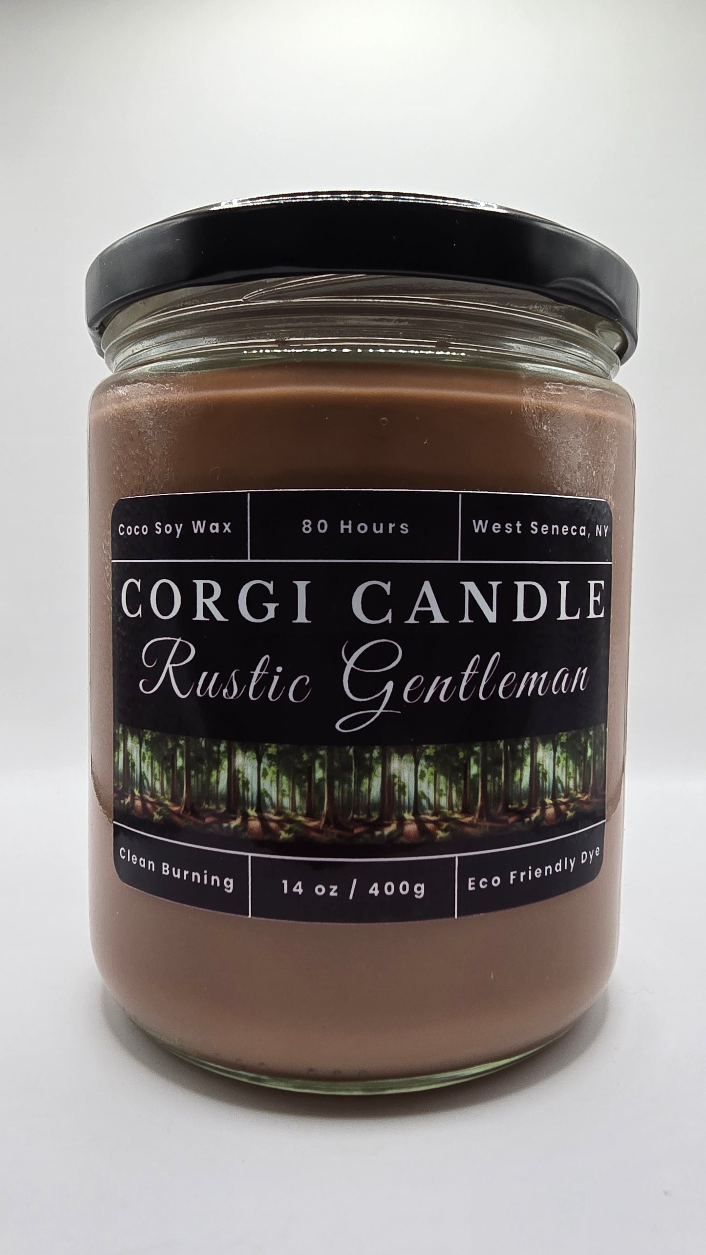 Rustic Gentleman 14 oz soy scented candle by CORGI CANDLE in clear glass jar, masculine woodsy fragrance candle, eco-friendly candle hand poured in West Seneca New York