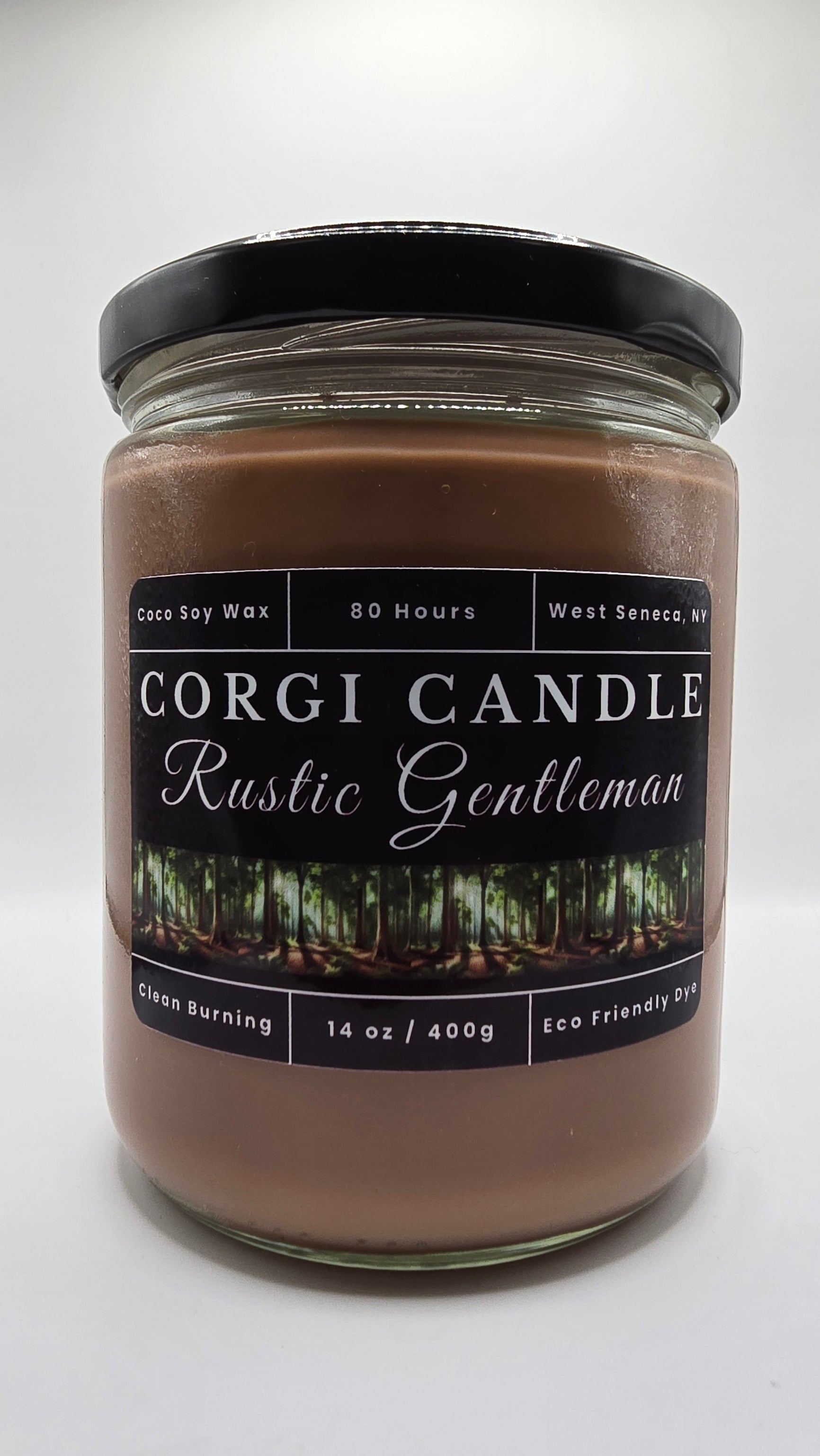 Rustic Gentleman 14 oz soy scented candle by CORGI CANDLE in clear glass jar, masculine woodsy fragrance candle, eco-friendly candle hand poured in West Seneca New York