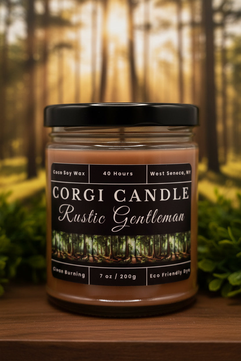 Rustic Gentleman 7 oz soy scented candle by CORGI CANDLE in clear glass jar, masculine woodsy fragrance, eco-friendly candle hand poured in West Seneca New York