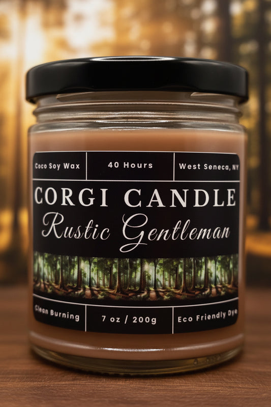 Rustic Gentleman 7 oz soy scented candle by CORGI CANDLE in clear glass jar, masculine woodsy fragrance, eco-friendly candle hand poured in West Seneca New York