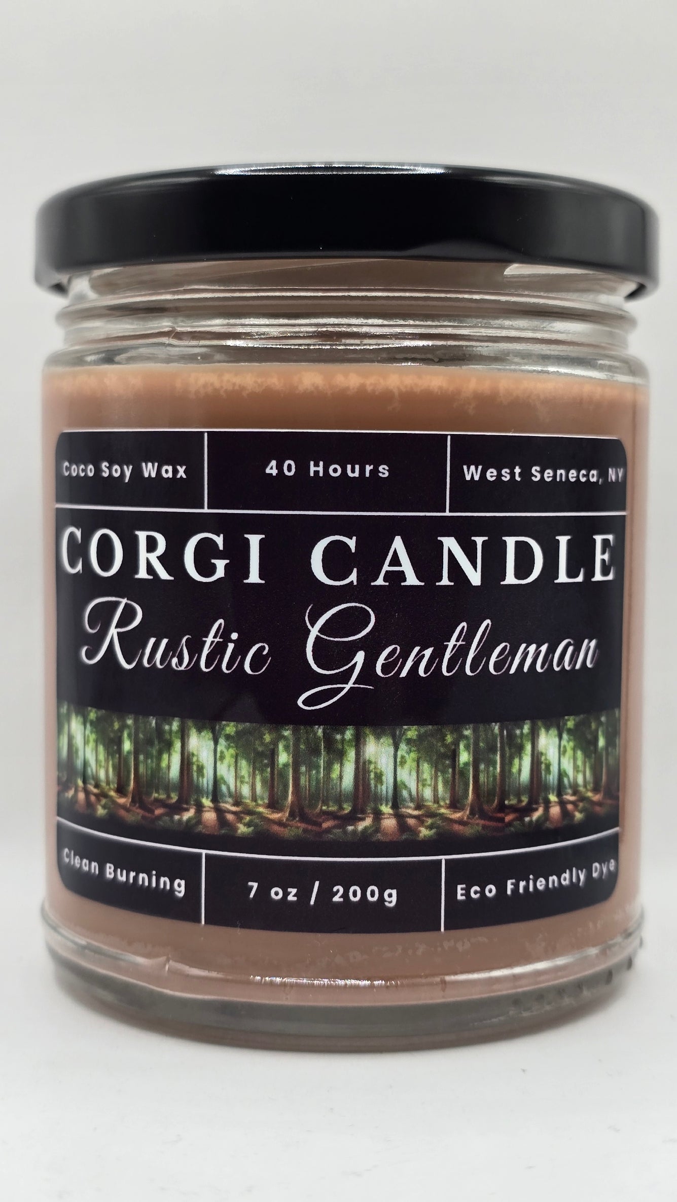 Rustic Gentleman 7 oz soy scented candle by CORGI CANDLE in clear glass jar, masculine woodsy fragrance, eco-friendly candle hand poured in West Seneca New York