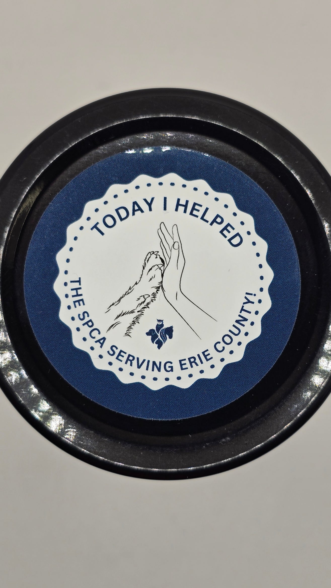 Close-up of CORGI CANDLE lid featuring the SPCA Serving Erie County sticker, showing support for local cat rescue and animal welfare.