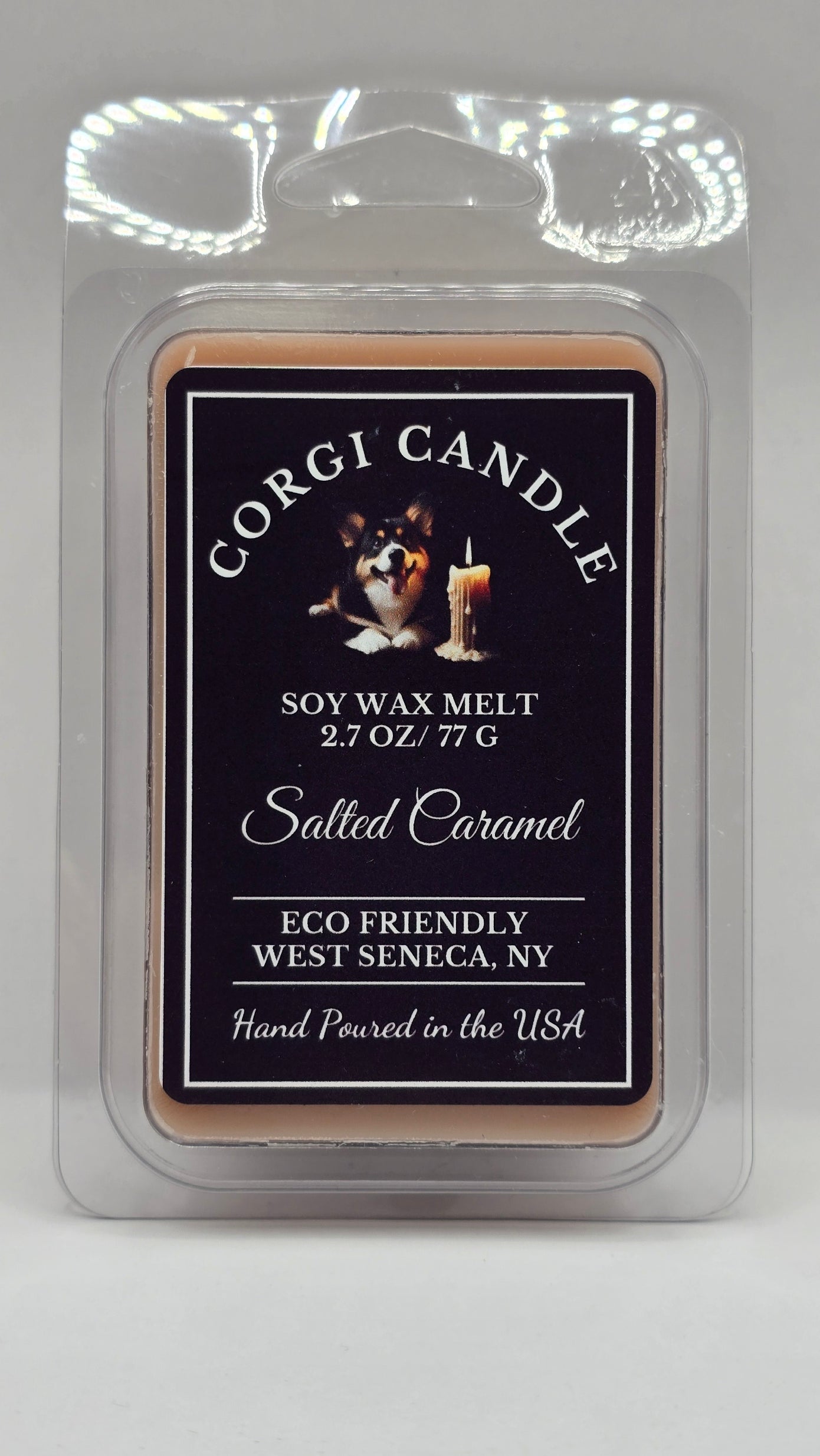 Corgi Candle salted caramel wax melt packaging on a white background