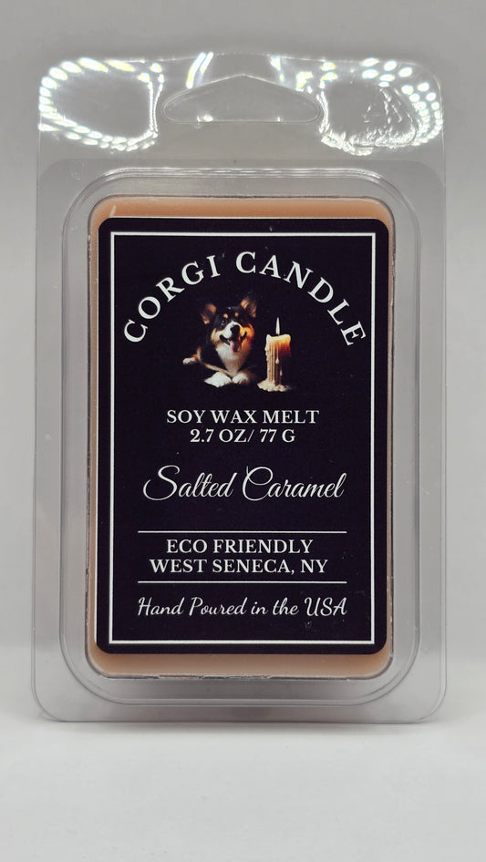 Corgi Candle salted caramel wax melt packaging on a white background