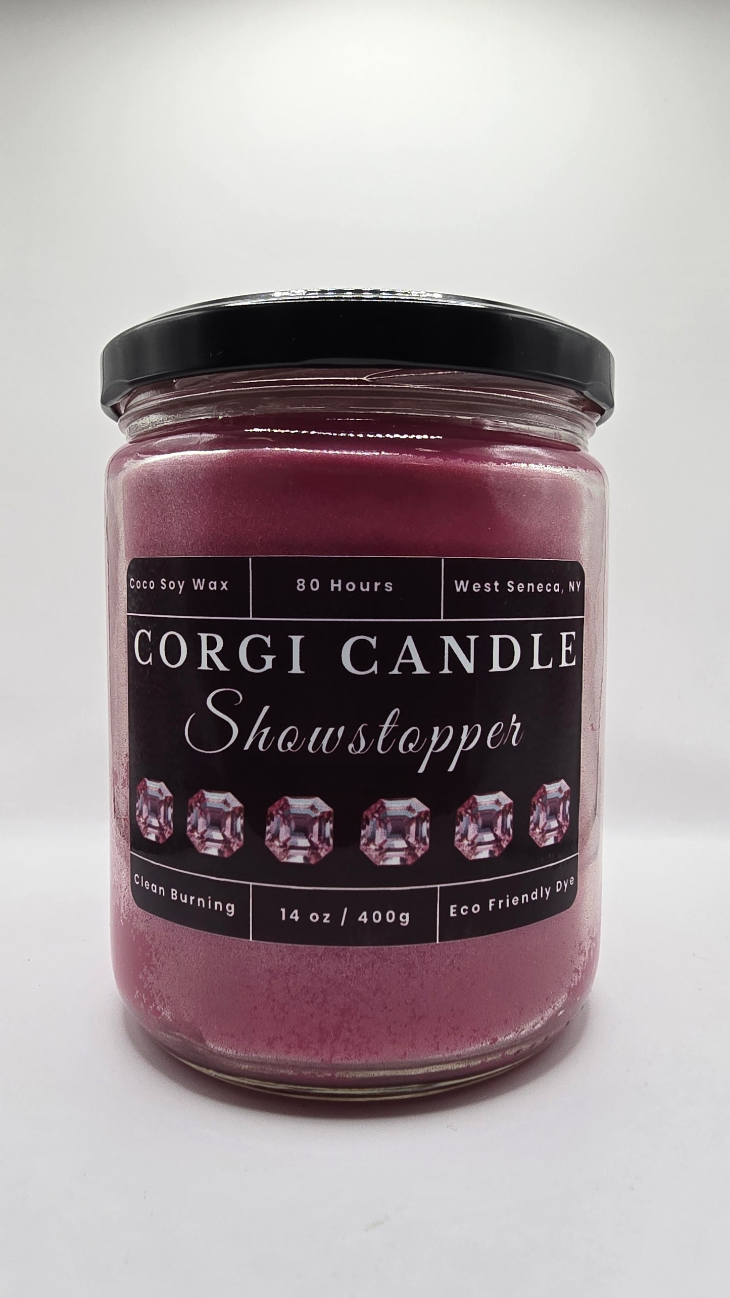 Showstopper 14 oz soy scented candle by CORGI CANDLE in large clear glass jar, bold luxurious fragrance, eco friendly candle hand poured in West Seneca New York