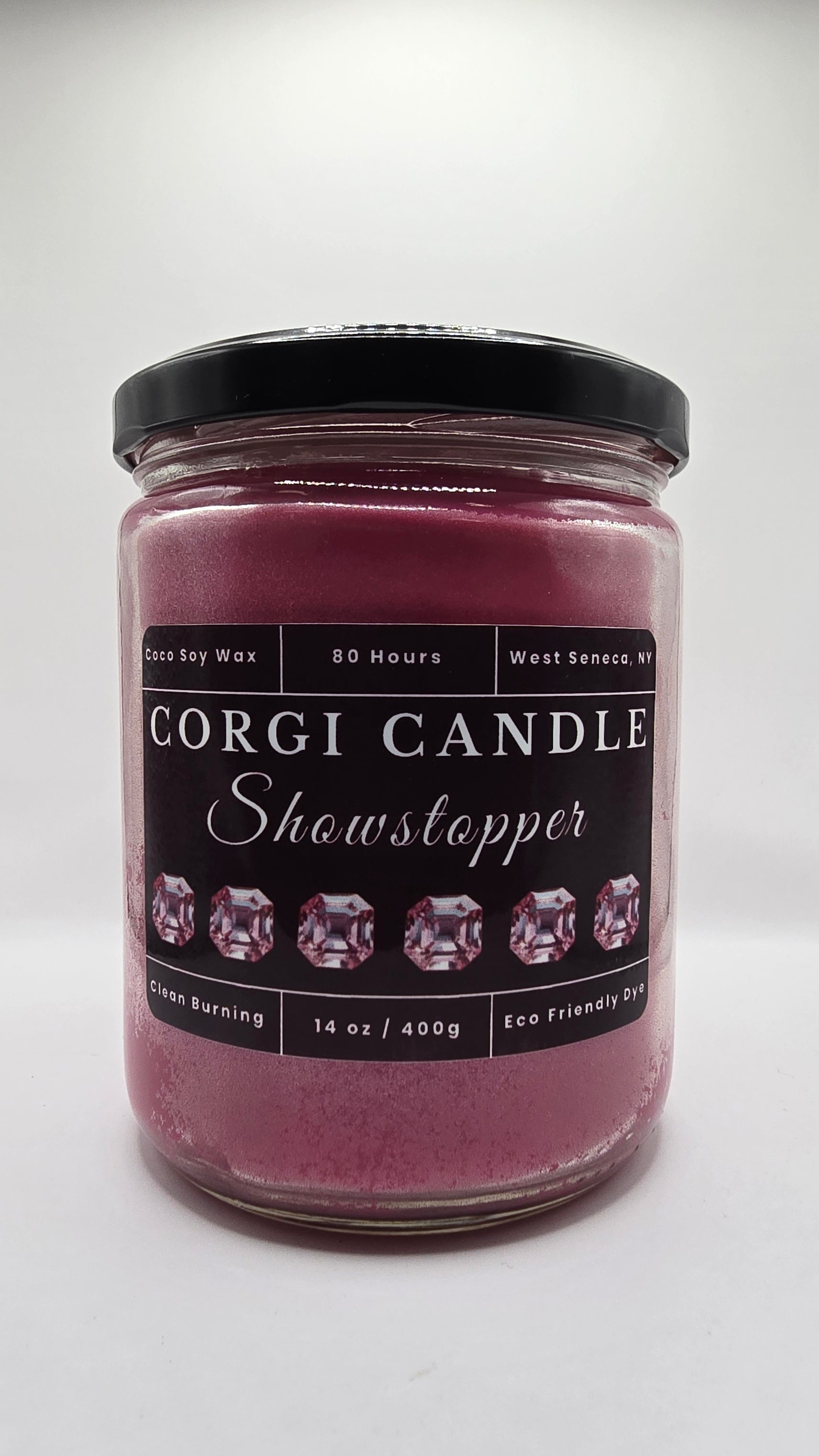 Showstopper 14 oz soy scented candle by CORGI CANDLE in large clear glass jar, bold luxurious fragrance, eco friendly candle hand poured in West Seneca New York