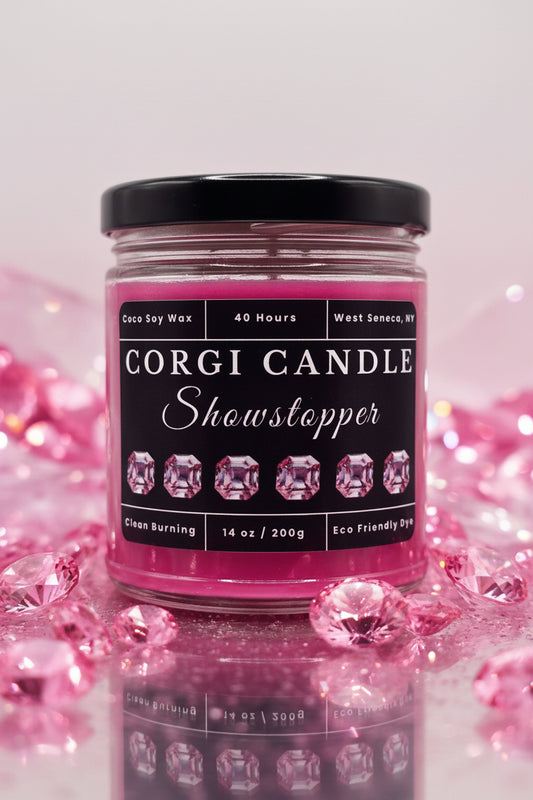 Showstopper 14 oz soy scented candle by CORGI CANDLE in large clear glass jar, bold luxurious fragrance, eco-friendly candle hand poured in West Seneca New York