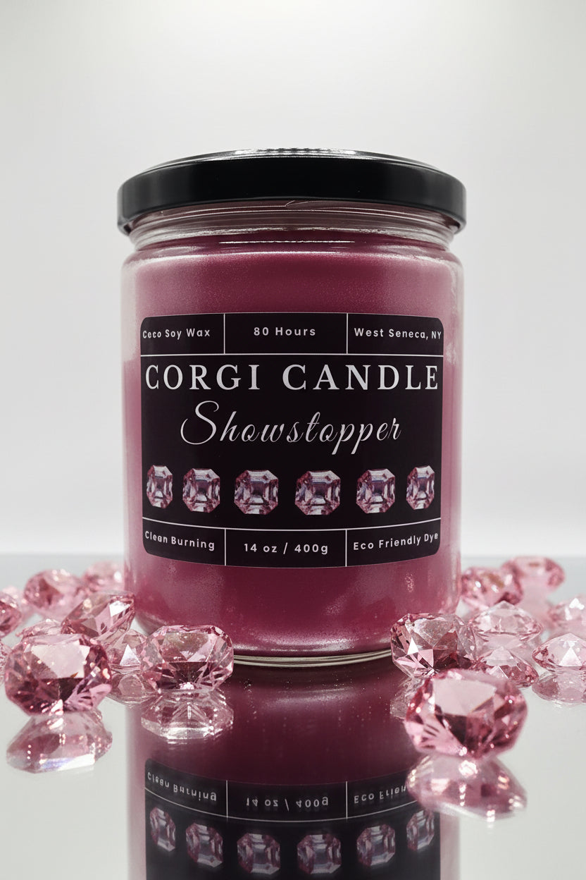Showstopper 14 oz soy scented candle by CORGI CANDLE in large clear glass jar, bold luxurious fragrance, eco-friendly candle hand poured in West Seneca New York