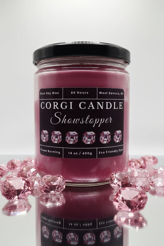 Showstopper 14 oz soy scented candle by CORGI CANDLE in large clear glass jar, bold luxurious fragrance, eco-friendly candle hand poured in West Seneca New York