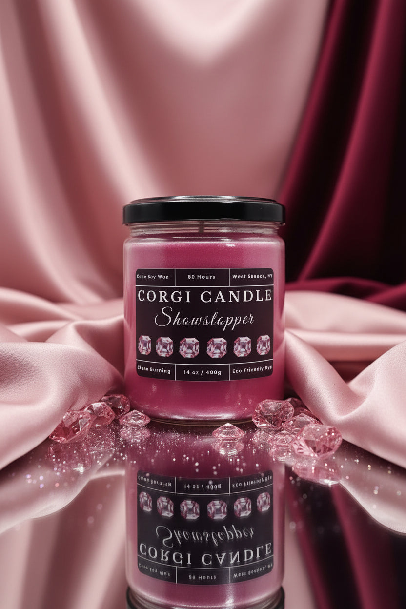Showstopper 14 oz soy scented candle by CORGI CANDLE in large clear glass jar, bold luxurious fragrance, eco-friendly candle hand poured in West Seneca New York