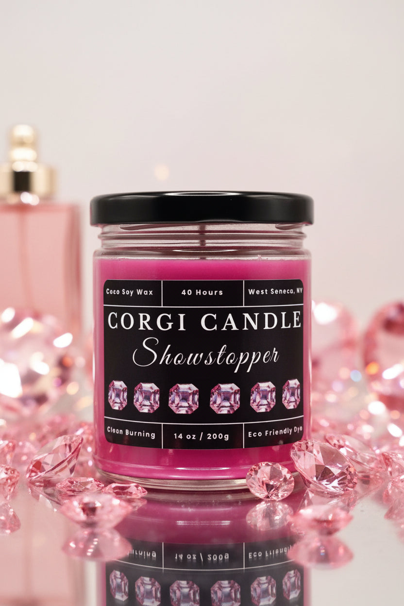 Showstopper 14 oz soy scented candle by CORGI CANDLE in large clear glass jar, bold luxurious fragrance, eco-friendly candle hand poured in West Seneca New York