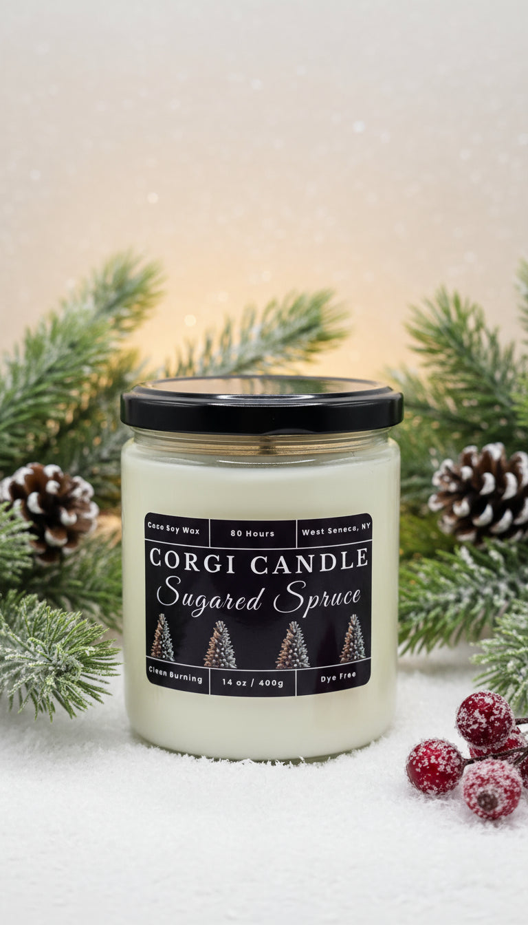 Candle jar labeled 'Sugared Spruce' by Gorgi Candle on a white background