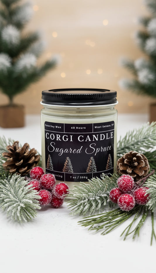 Corgi Candle jar labeled 'Sugared Spice' on a white background